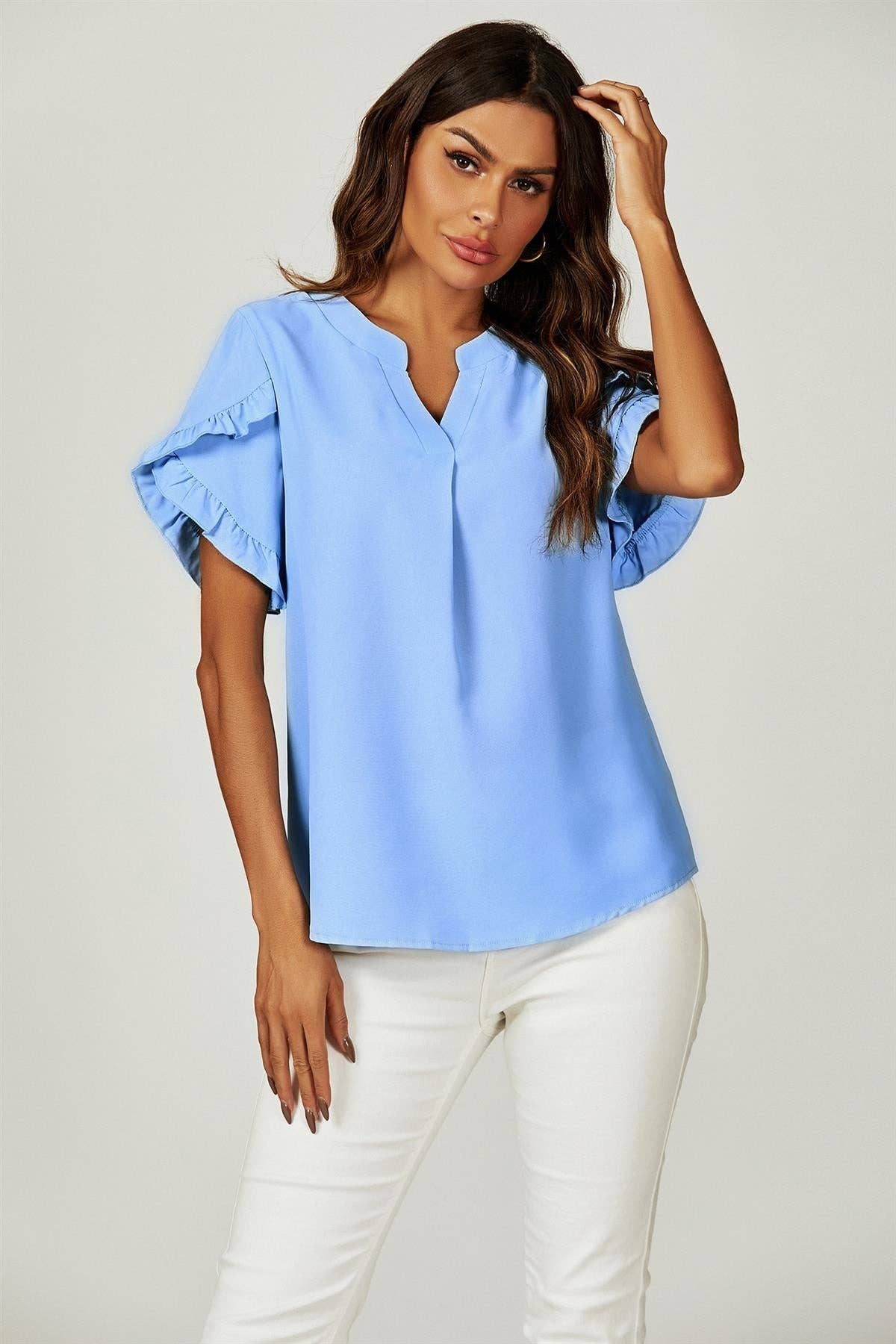 FS Collection - Kortærmet blusetop med Frill Trim Detail