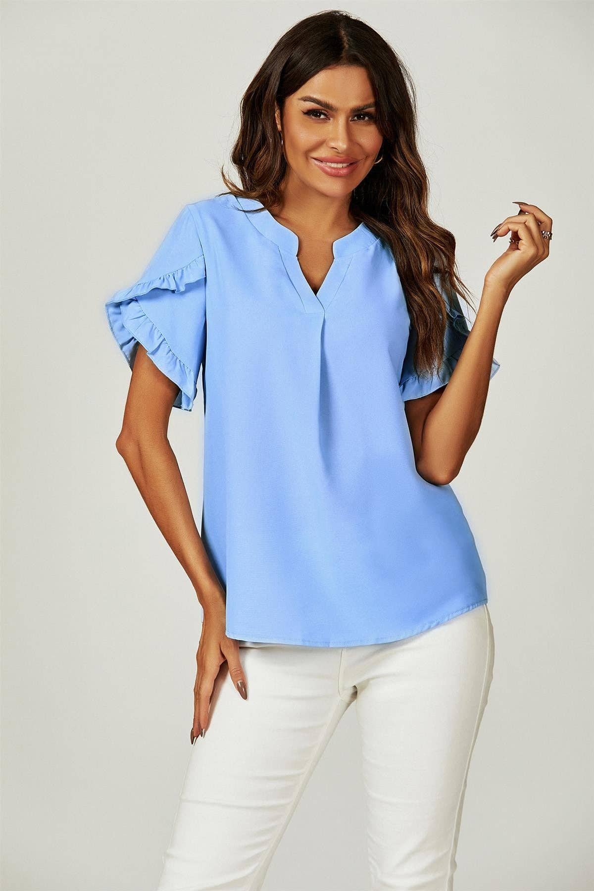 FS Collection - Kortærmet blusetop med Frill Trim Detail