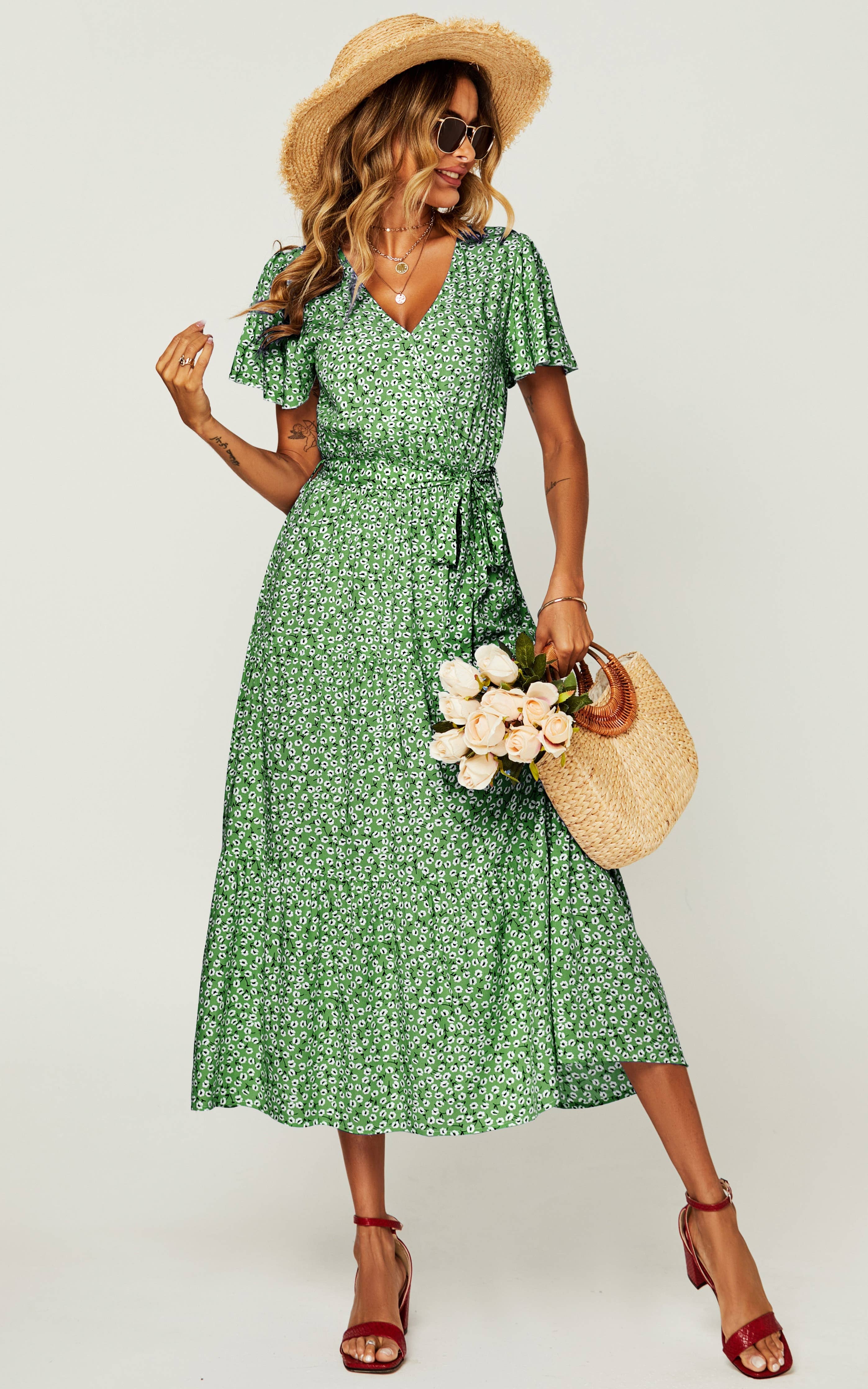 Blomstret Print Hem Tiered Wrap Midi Kjole
