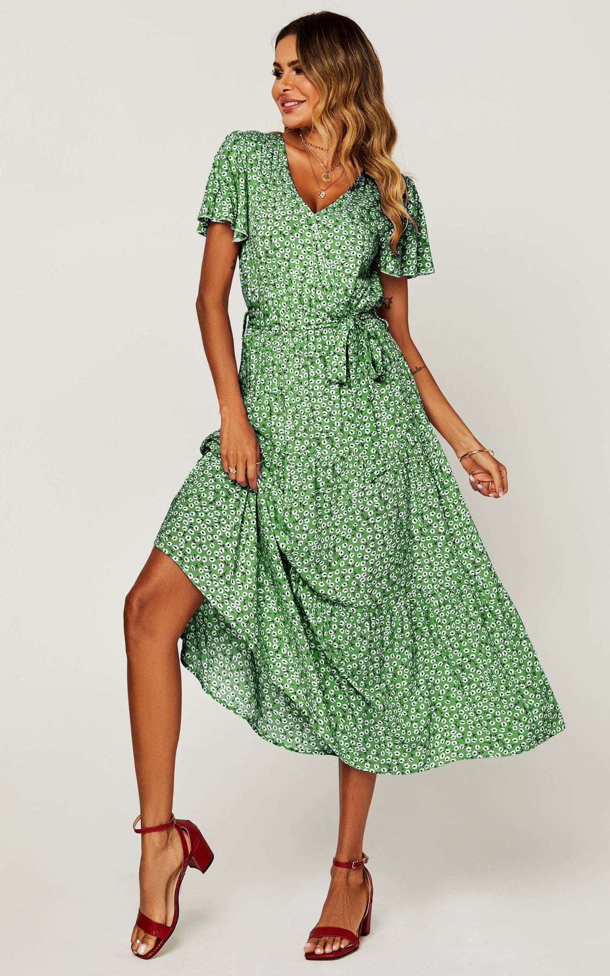 Blomstret Print Hem Tiered Wrap Midi Kjole