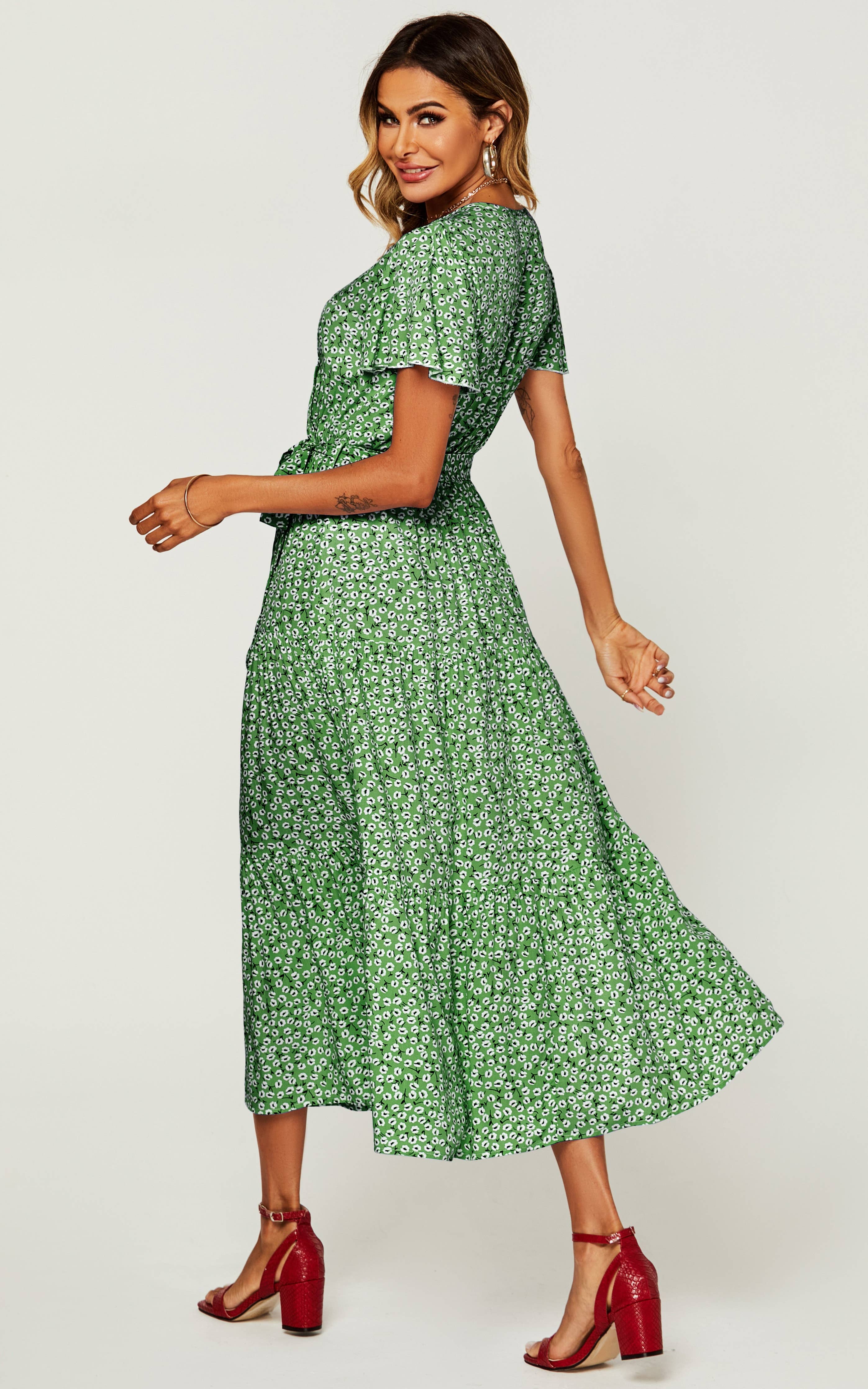Blomstret Print Hem Tiered Wrap Midi Kjole