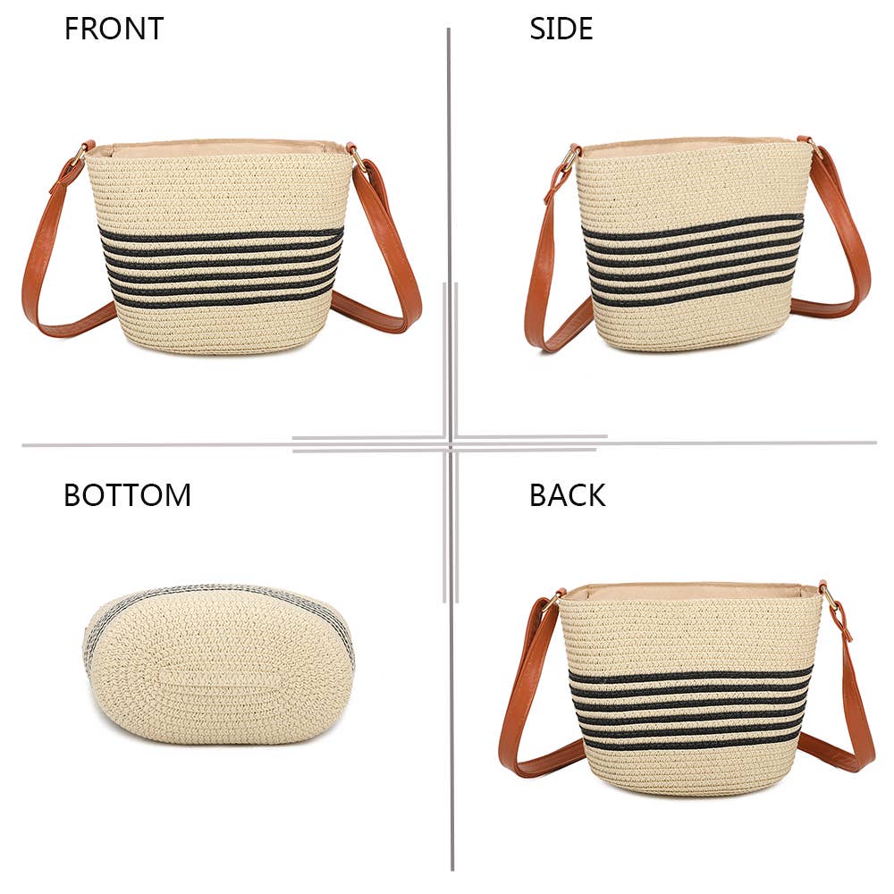 SOLEA Taske med stribet strålook og justerbar skulderrem: BEIGE/SORT