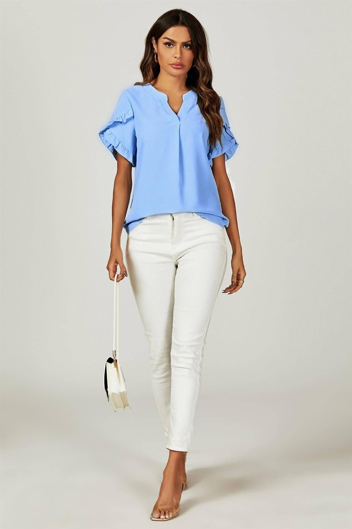 FS Collection - Kortærmet blusetop med Frill Trim Detail