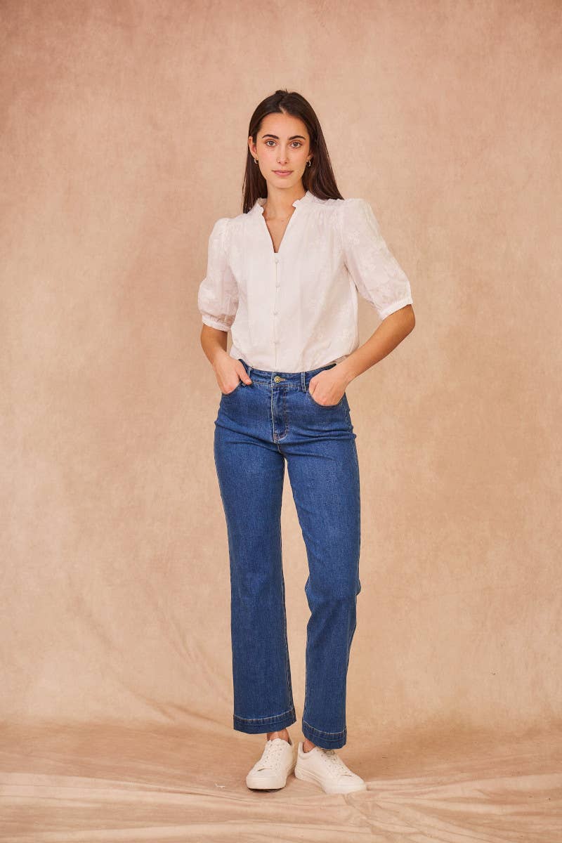 AUBE broderet bluse i 100 % bomuld