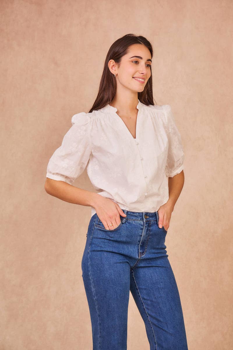 AUBE broderet bluse i 100 % bomuld